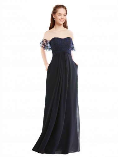 Dunkelmarine A-Linien Off-Schulter V-Ausschnitt Chiffon Spitze Lange Brautjungfernkleider Websites