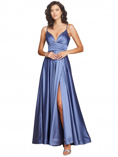 Französisch Blau A-Linien Spaghetti-Träger Seidiger Satin Lange Formale Brautjungfernkleider / Abendkleider / Abiballkleider Websites
