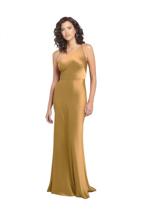 Gold A-Linien Eine-Schulter Stretch-Satin Lange Formale Brautjungfernkleider / Abendkleider / Abiballkleider Websites