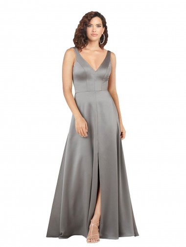 Pearl Grey A-Linien V-Ausschnitt Seidiger Satin Lange Formale Brautjungfernkleider / Abendkleider / Abiballkleider Websites