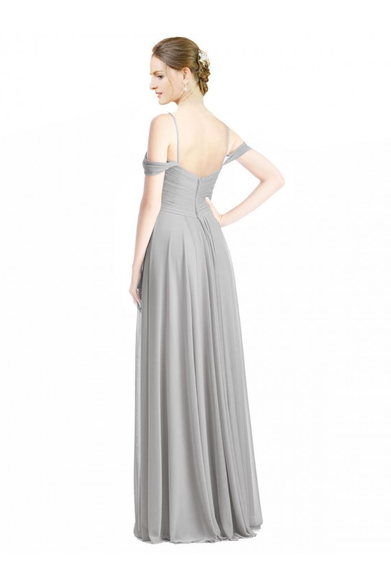 Silber A-Linien Off-Schulter Spaghetti-Träger Chiffon Lange Brautjungfernkleider Websites
