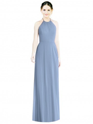 Staubiges Blau A-Linien Neckholder Chiffon Lange Brautjungfernkleider Websites