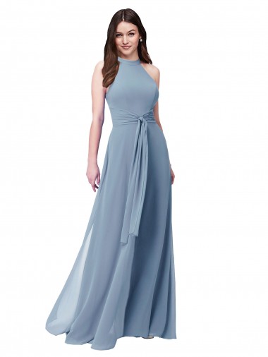 Staubiges Blau A-Linien Neckholder Stehkragen Ausschnitt Chiffon Lange Brautjungfernkleider Websites