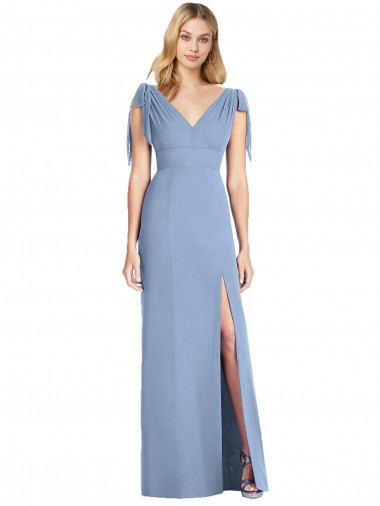 Staubiges Blau Meerjungfrau V-Ausschnitt Chiffon Lange Brautjungfernkleider Websites