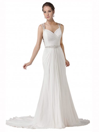 Weiß Etui Kapelle-schleppe Chiffon Strand Brautkleider Websites